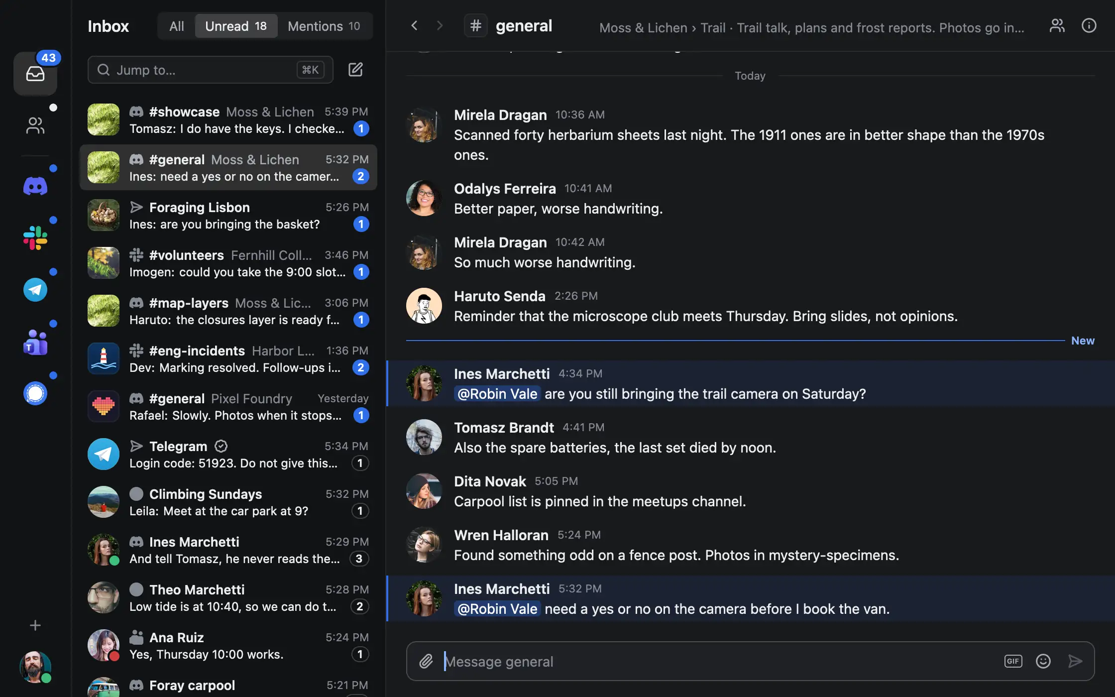 tinyclient's unified inbox showing unread conversations from Discord, Telegram, Slack, Microsoft Teams and Signal in one list, with a Discord channel open beside it.