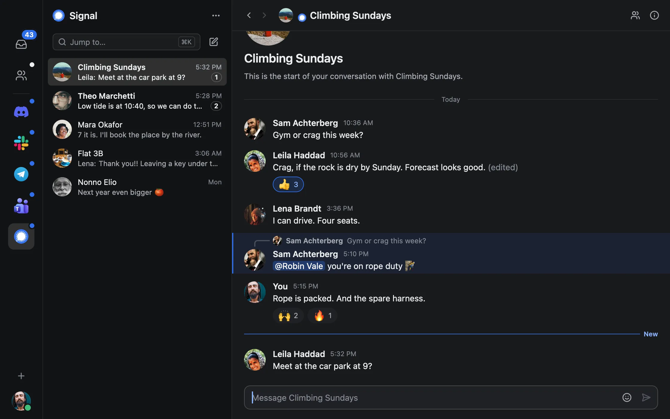 A Signal group in tinyclient with a quoted reply, a mention, an edited message and reactions.