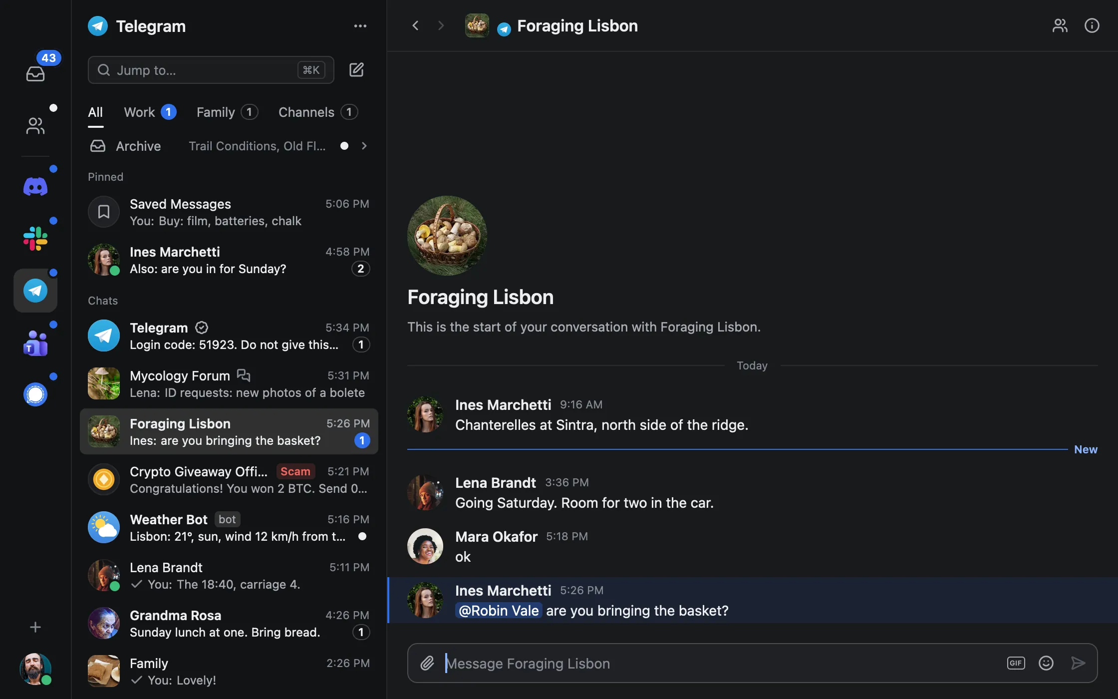 Telegram in tinyclient: folder tabs, pinned chats, groups and channels on the left, and a group conversation where you are mentioned.