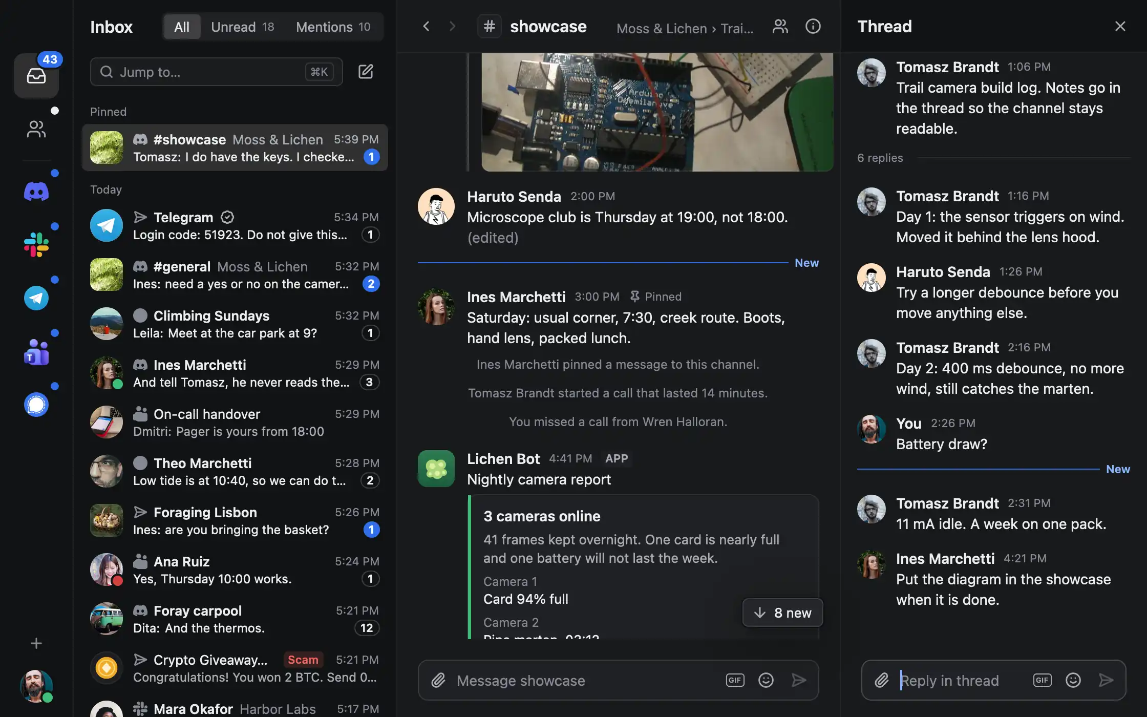 A thread open in a side pane next to a Discord channel in tinyclient, beside a bot's report card and a photo.